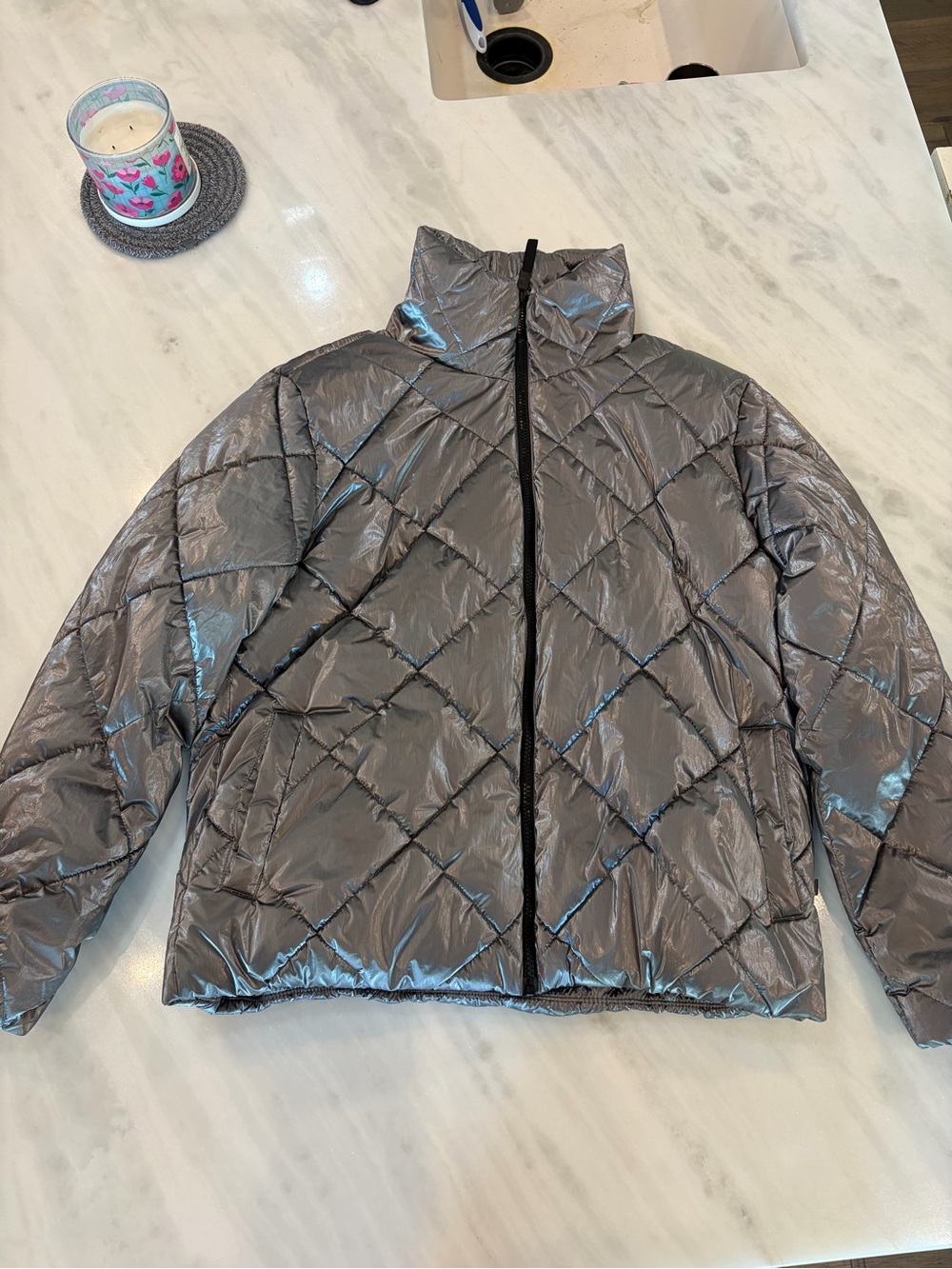 Lou & Grey Metallic Silver Quilted Puffer Jacket Women S Shimmer Winter Coat